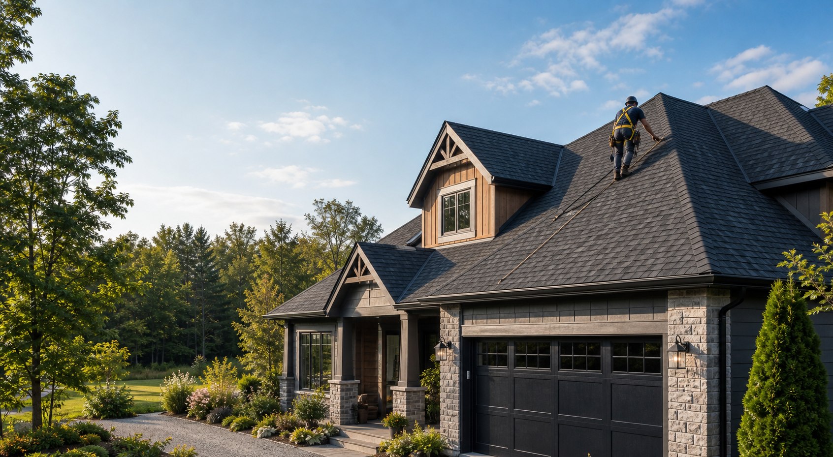 Roofing professional secured on a dark shingle residential roof